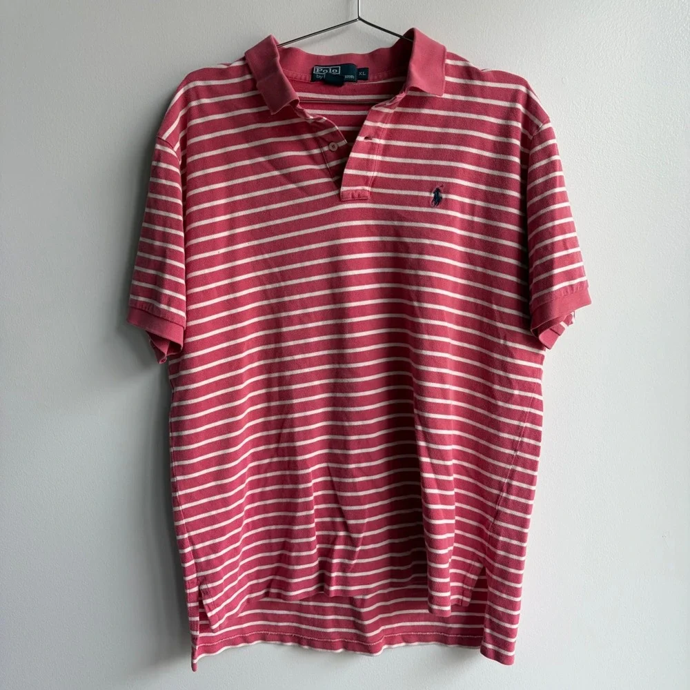 Polo Ralph Lauren Mens XL Pink White Striped Short Sleeve Polo Shirt